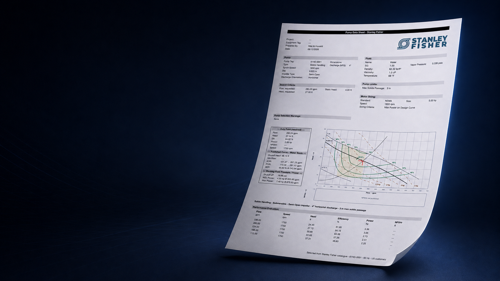 The Floworx Lite workspace on a dark background, with a generated pump data sheet presented on an A4 page beside it.